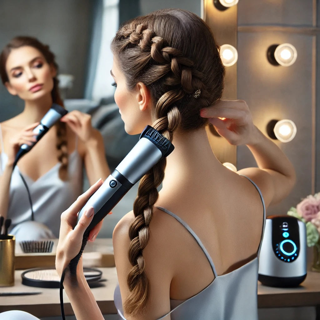 A high-quality, lifelike image of a woman using an electric hair twister braider to create stylish braids. She is sitting in front of a mirror, with a