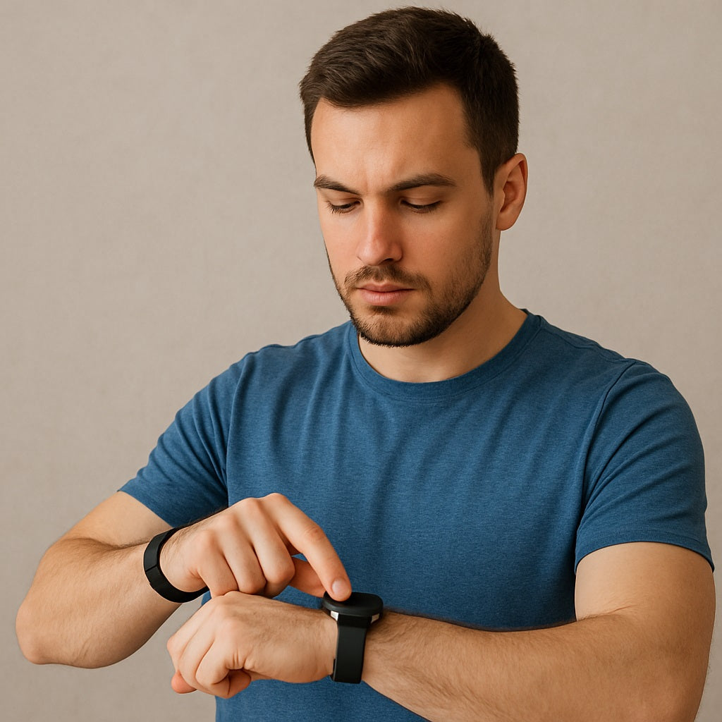 A young man wearing a modern smartwatch and wireless earbuds interacts with a transparent digital interface displaying health and fitness tracking data