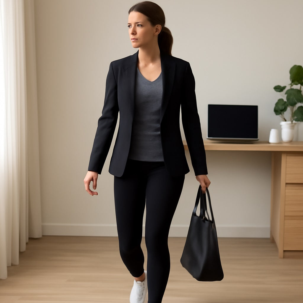 A young professional woman walking through a modern office space, wearing a sleek black blazer over a gray top, paired with black leggings and white sneakers.
