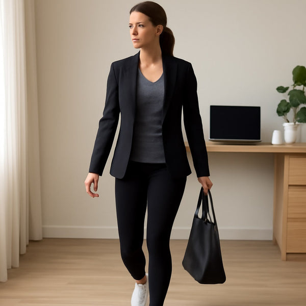A young professional woman walking through a modern office space, wearing a sleek black blazer over a gray top, paired with black leggings and white sneakers.
