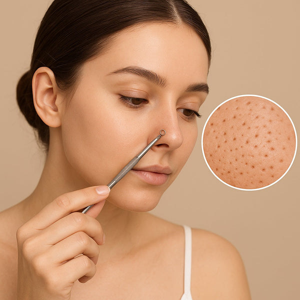A young woman using a stainless steel blackhead removal tool on her nose, with an inset close-up of skin pores, against a neutral beige background.