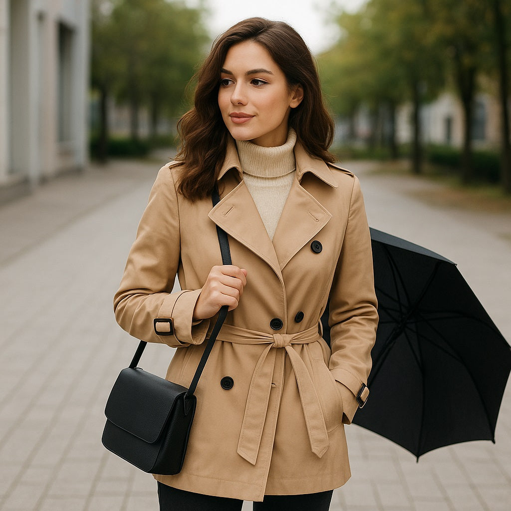 A young woman wearing a beige trench coat and cream turtleneck stands outdoors holding a black umbrella, with a black crossbody bag on her shoulder, against a tree-lined