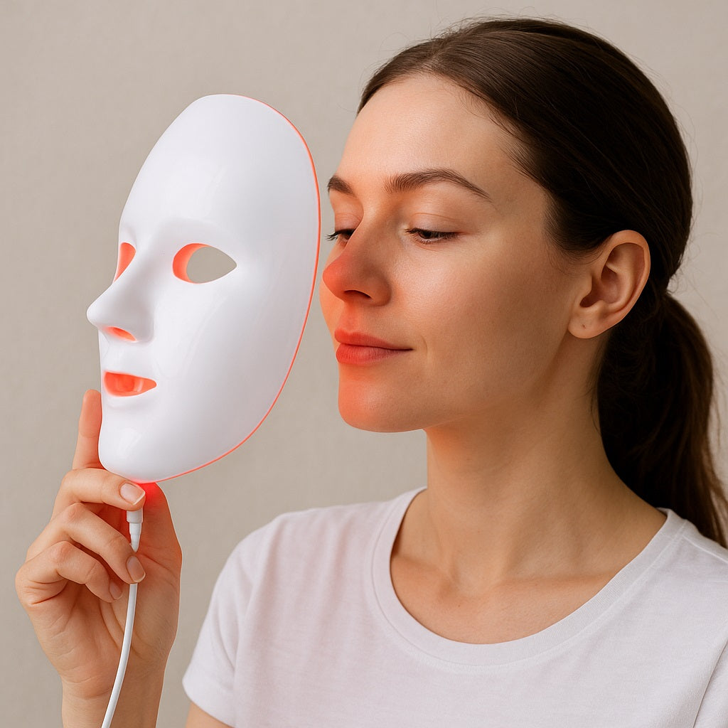 A young woman with fair skin and brown hair in a ponytail holds a white LED light therapy mask glowing red near her face, wearing a plain white T-shirt against a neutral background.