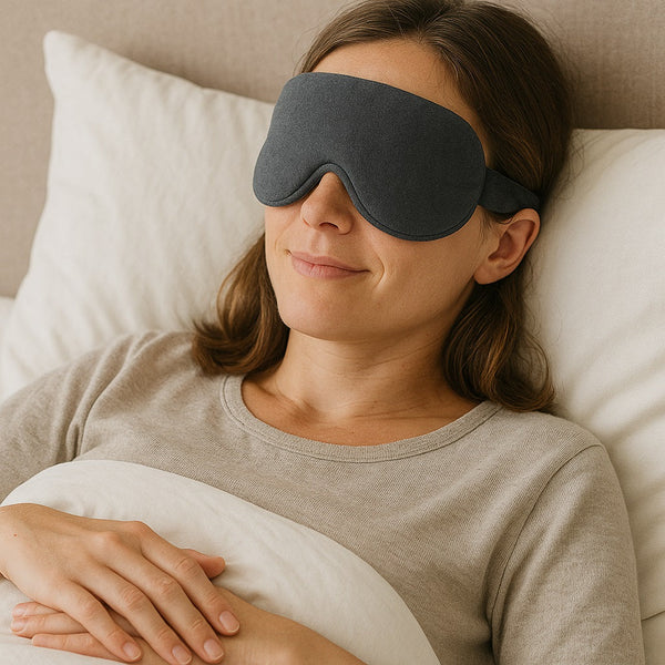 A young woman with light skin lies in bed wearing a dark gray weighted sleep mask, resting her head on a white pillow and covered with a white blanket,