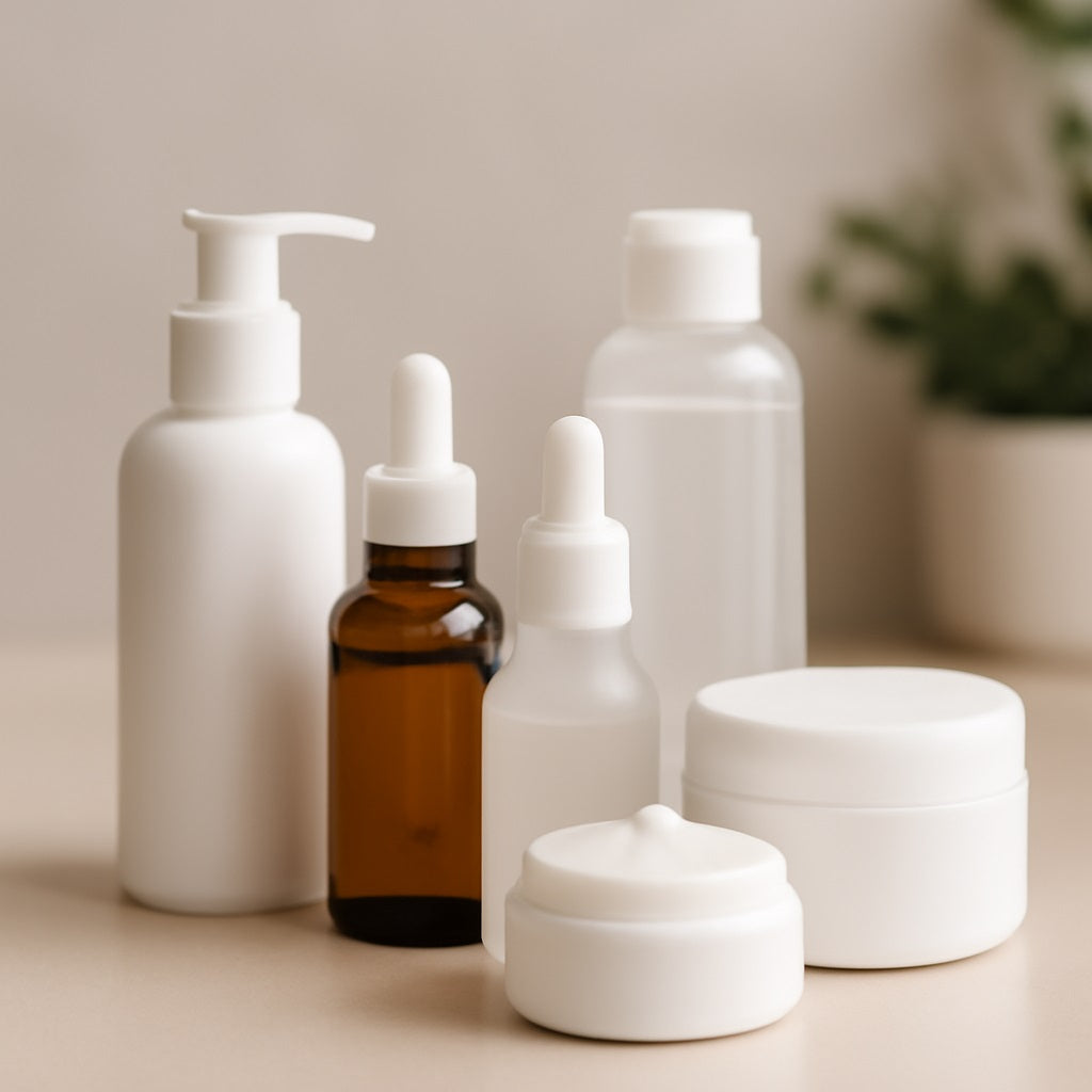 An assortment of skincare products arranged neatly on a light beige bathroom countertop. The collection includes a white pump cleanser, amber and frosted glass
