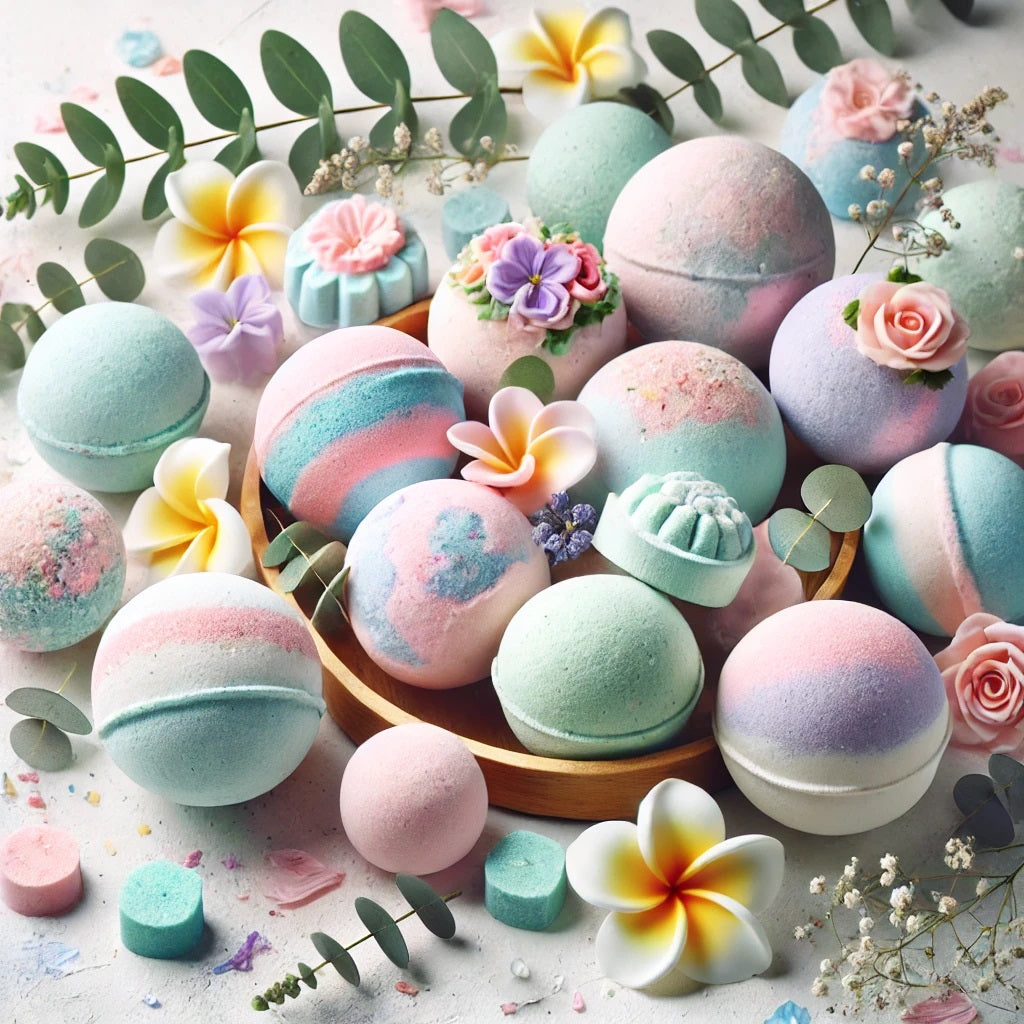 A visually appealing blog photo featuring colorful bath bombs and shower steamers on a clean, white background. The bath bombs are in soft pastel