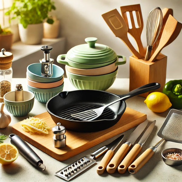 A bright and inviting kitchen countertop neatly arranged with budget-friendly tools such as a cast iron skillet, a set of silicone spatulas, a garlic 