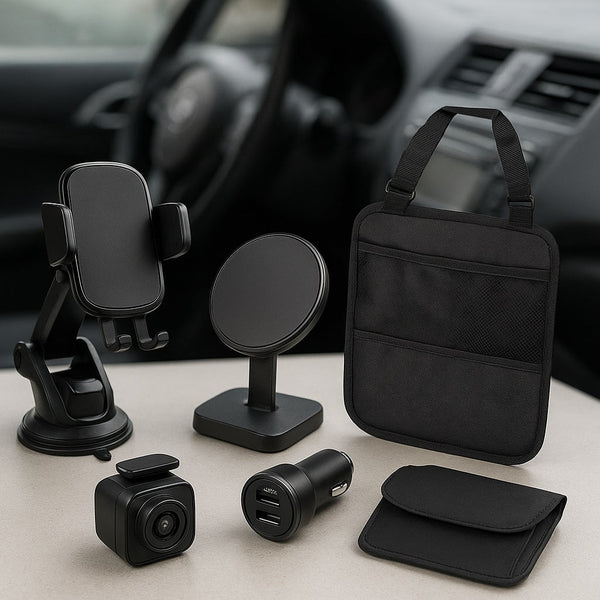 Car accessories displayed on a table inside a vehicle, including a phone mount, magnetic holder, dash camera, dual-port car charger, backseat organiser, and a small storage pouch.