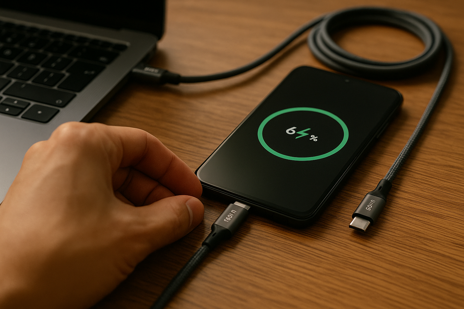 Close-up of a hand plugging a fast-charging USB-C cable into a smartphone showing 64% battery on a wooden desk, with a laptop and coiled cable in the background.