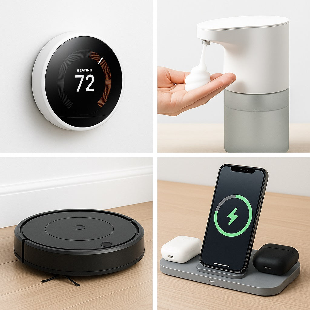 A square promotional image titled "Innovative Home Essentials You Didn’t Know You Needed" features four smart home products: a smart thermostat, an automatic soap dispenser, a robot vacuum, and a wireless charging station.
