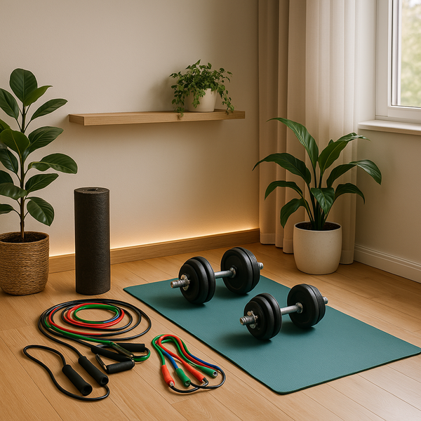 A bright and cozy home workout corner with a teal yoga mat, dumbbells, resistance bands, and a foam roller arranged neatly, bathed in natural light with green plants adding a touch of calm and wellness.