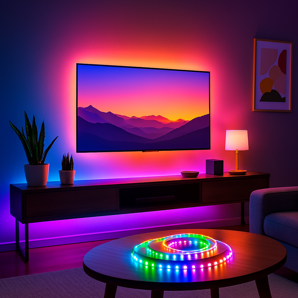 A stylish modern living room illuminated with vibrant LED strip lights, featuring accent lighting under shelves, behind the TV, and along the ceiling edges, creating a cozy and colourful ambiance.