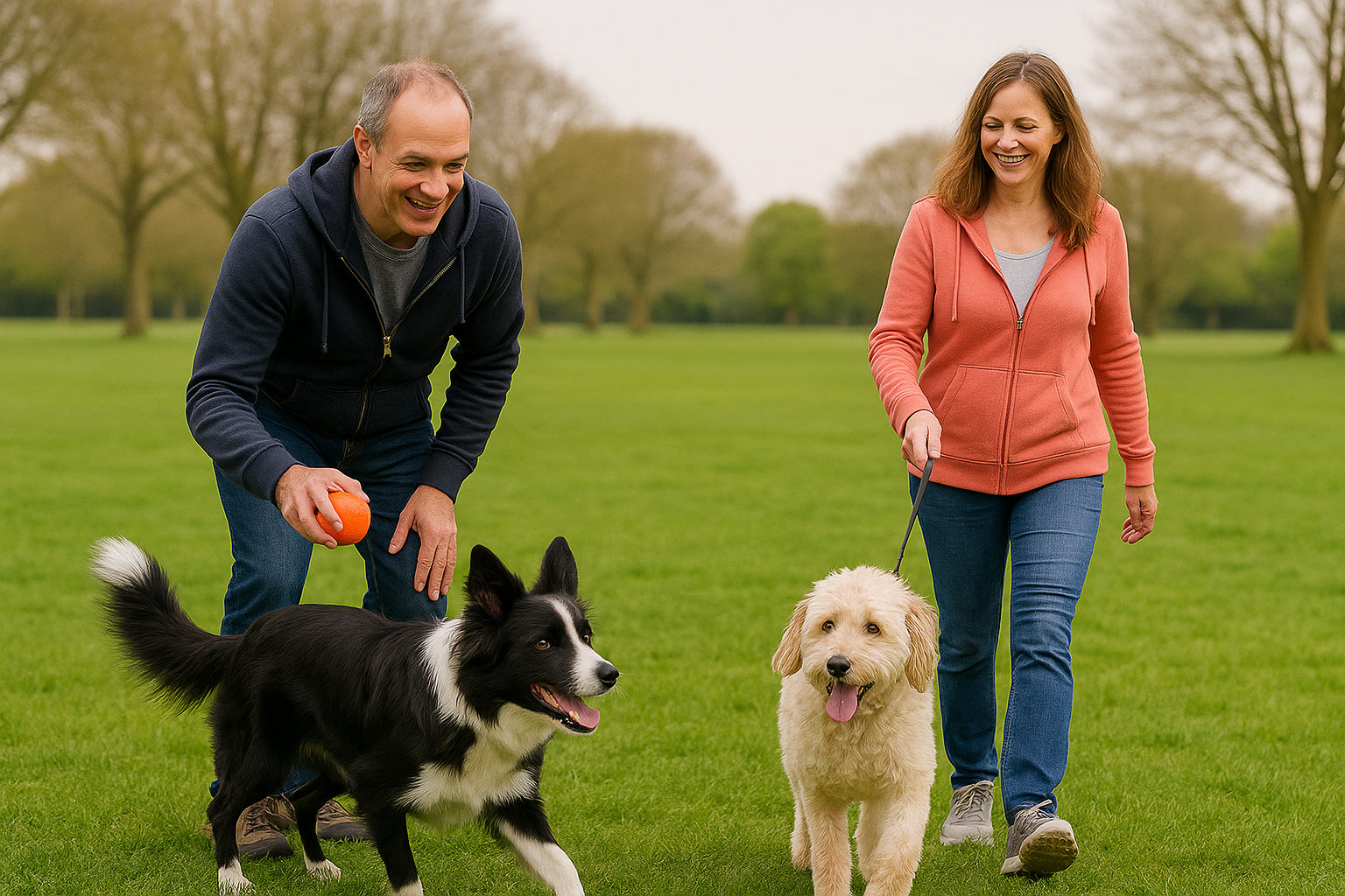 A man and a woman playing with their two dogs in a park with trees in the background.