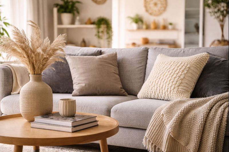 Cozy living room with a gray sofa, decorative pillows, and a wooden coffee table.