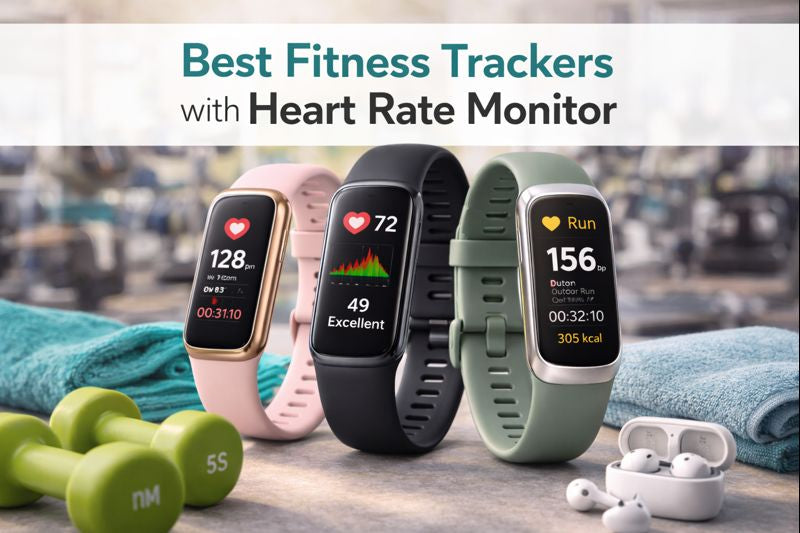 Three fitness trackers with heart rate monitor on a table with dumbbells and earbuds, gym background.