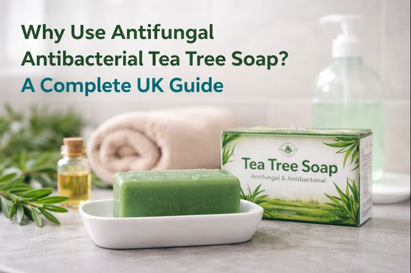 Tea tree soap on a white dish with packaging and oil bottles on a light background