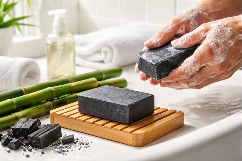 Person holding a bar of black soap with bamboo and other items on a white surface
