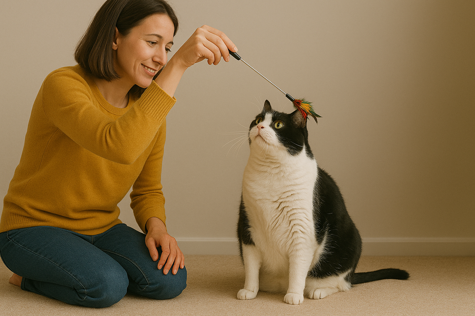 A light-skinned woman in a mustard yellow jumper kneels on a beige carpet, smiling as she dangles a colourful feather wand above her plump black-and-white cat, which sits upright and watches the toy intently in a softly lit, neutral-toned room.