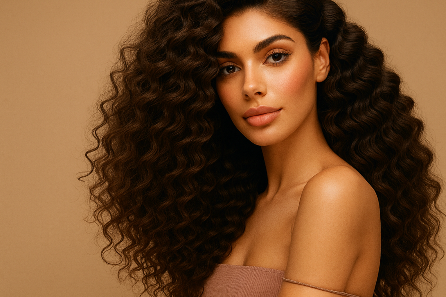 Woman with long, wavy hair against a beige background