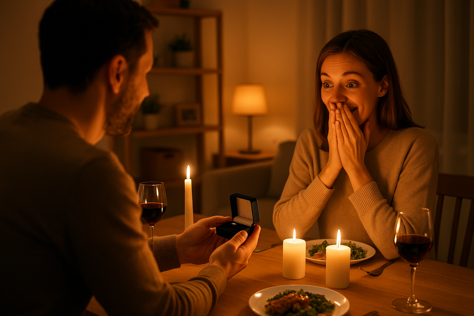 A softly lit dining table where a man presents a small jewellery box across the table to his partner, who covers her mouth in joyful surprise as candles and a simple home-cooked meal create an intimate atmosphere.