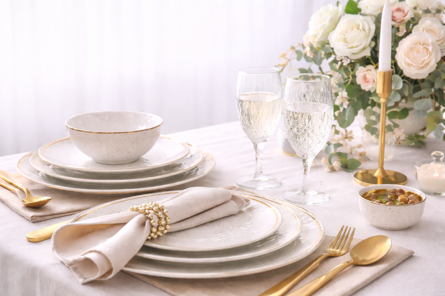 Elegant dining table setup with gold accents
