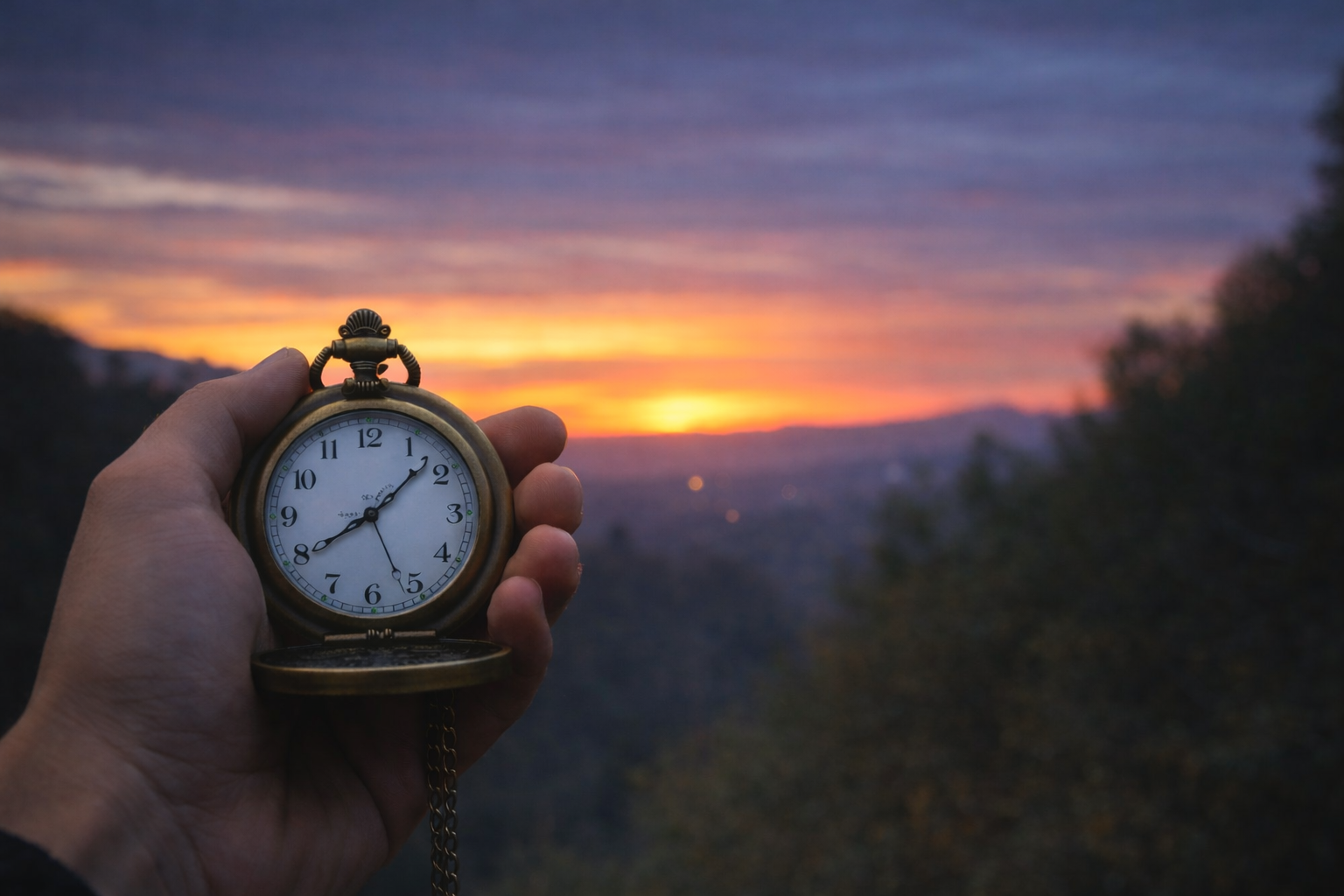 Hand holding a pocket watch with a sunset or sunrise over a mountain range in the background
