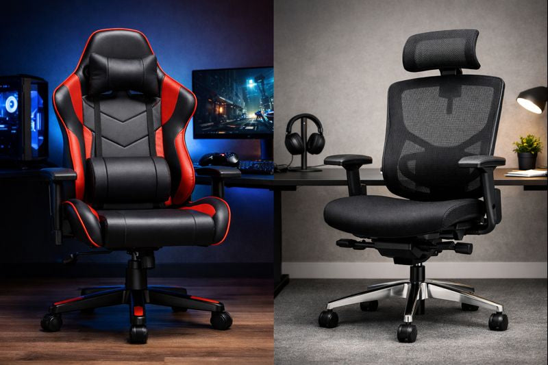 Gaming chair on the left and office chair on the right in a home office setting.