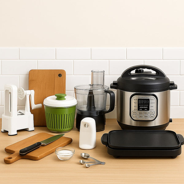 A neatly arranged kitchen countertop features a variety of essential and modern cooking gadgets. From left to right, there's a white spiralizer, a wooden cutting board with a chef’s knife, a clear glass bowl with salt, stainless steel measuring spoons
