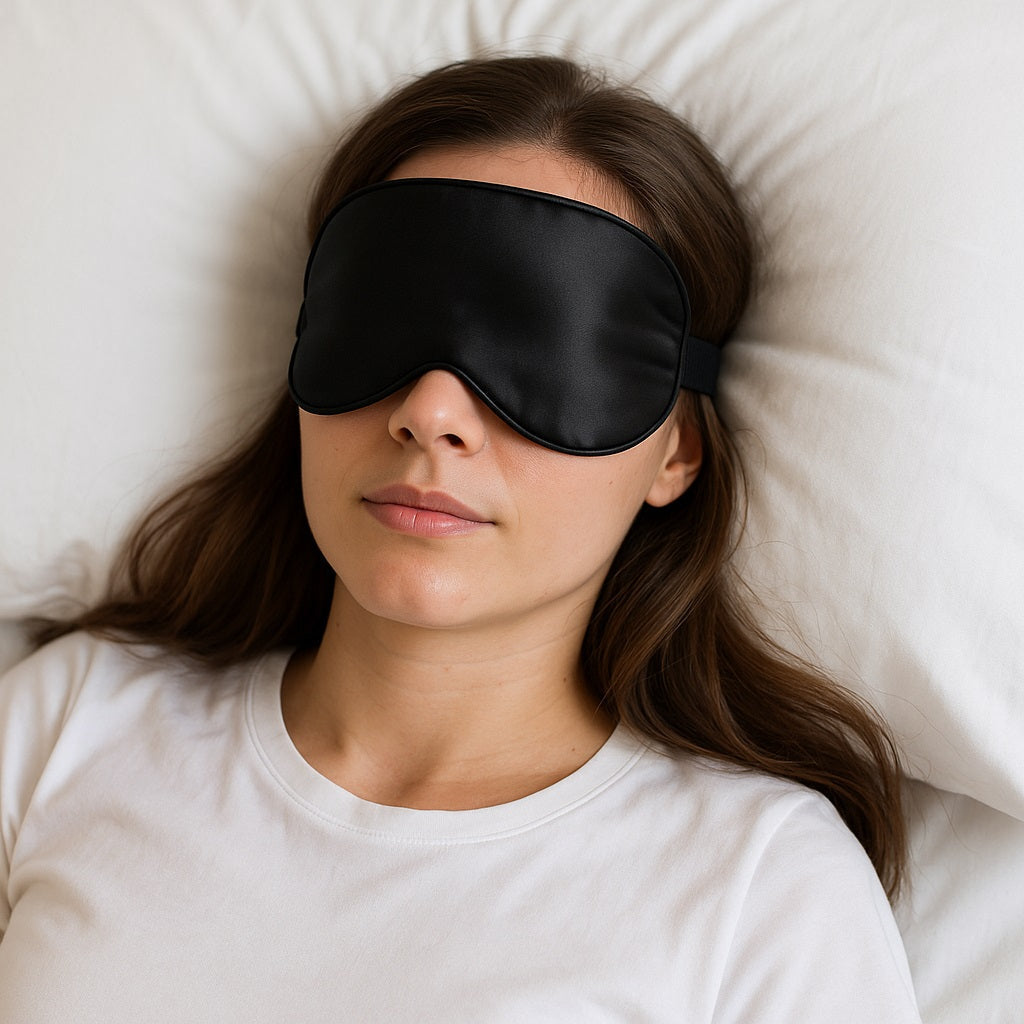 A young woman with long brown hair is lying peacefully on a white pillow, wearing a black silk sleep mask and a white T-shirt, highlighting a calm and restful sleep environment.
