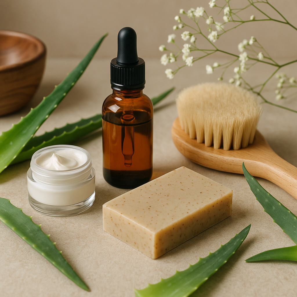 A natural skincare flat lay featuring an amber glass dropper bottle, a jar of cream, a wooden body brush, and a bar of soap, arranged with aloe vera leaves and delicate white flowers on a beige surface.