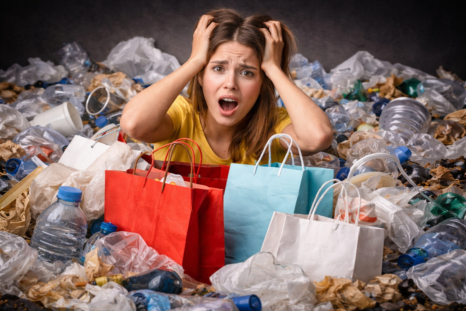 Woman surrounded by plastic waste and shopping bags, appearing distressed.