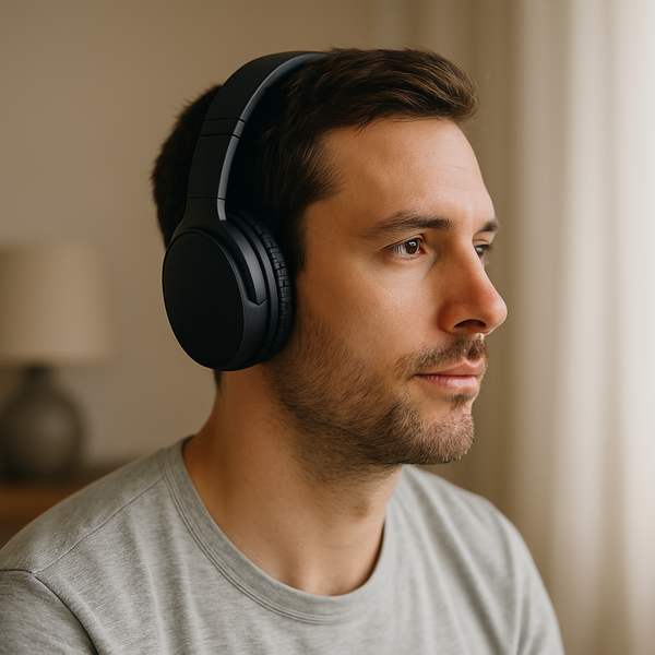 A stylish pair of modern wireless Bluetooth headphones resting on a sleek wooden desk next to a smartphone and laptop, showcasing a high-tech, minimalist setup perfect for work, music, or travel.