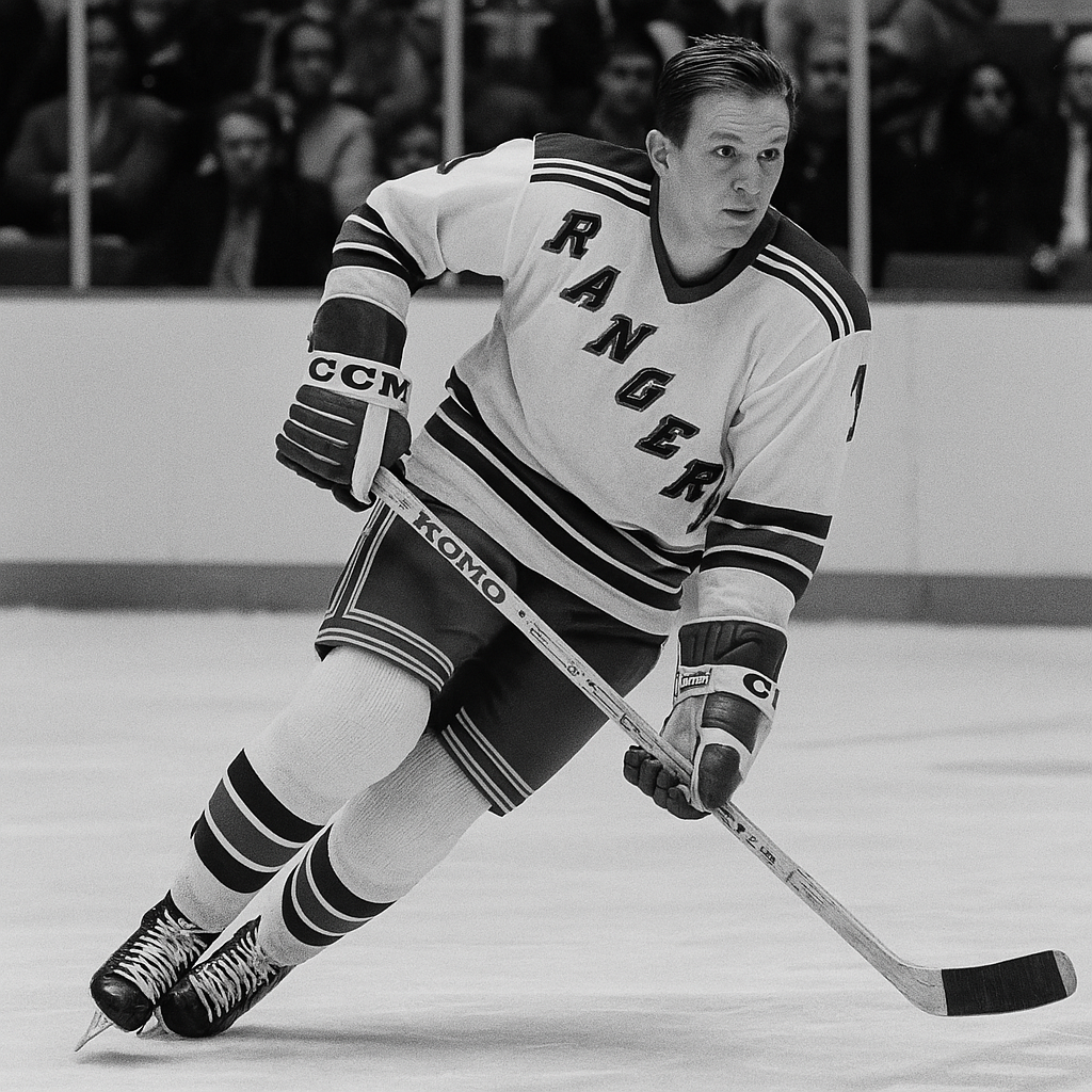 A black-and-white, square-format photo showing a vintage New York Rangers hockey player in full uniform mid-game. The player wears a classic jersey with bold detailing and holds a hockey stick while skating across the rink