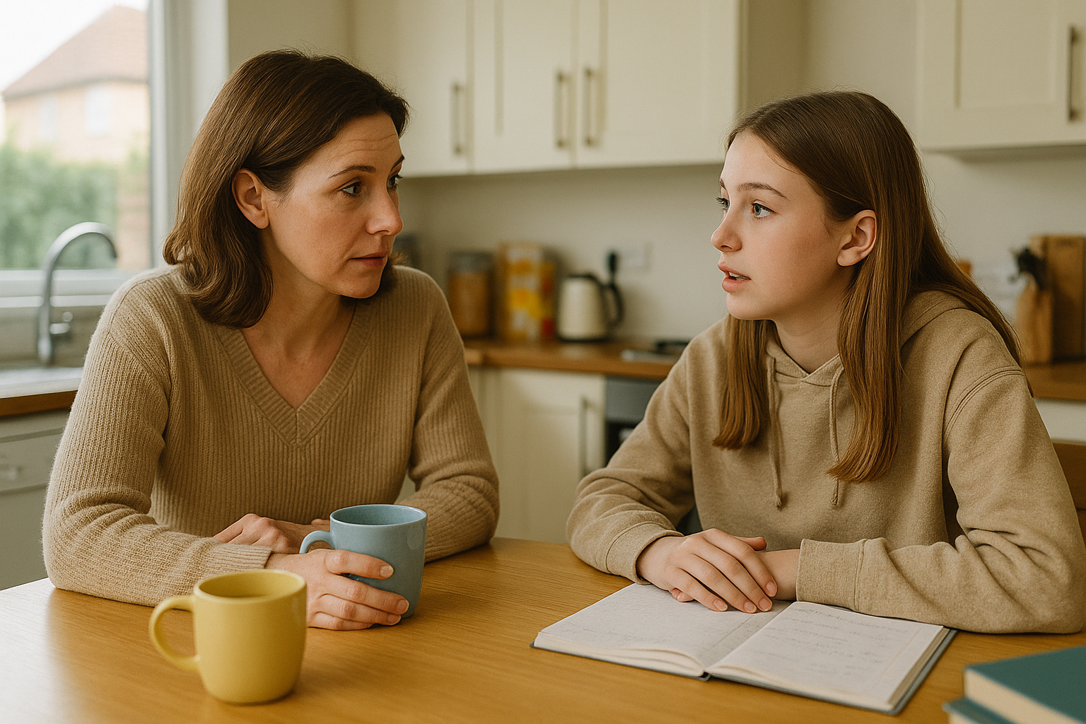Two women sitting at a kitchen table with books and mugs.