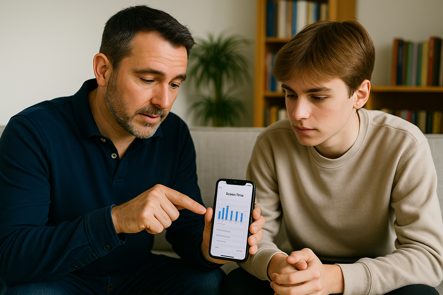 Man and young boy looking at a smartphone with a graph on it, sitting on a couch in a room with a bookshelf.