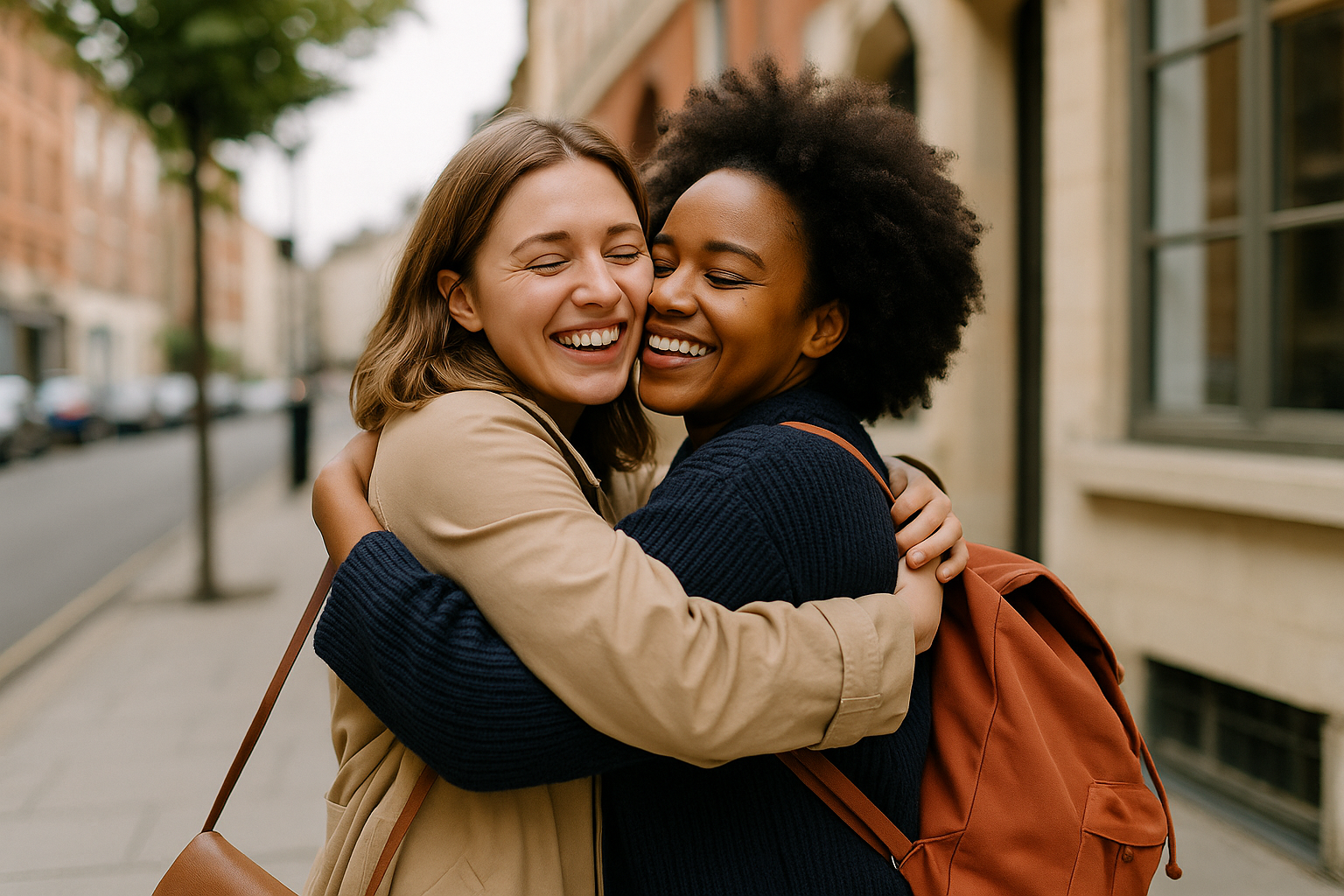Two women hugging on a city street