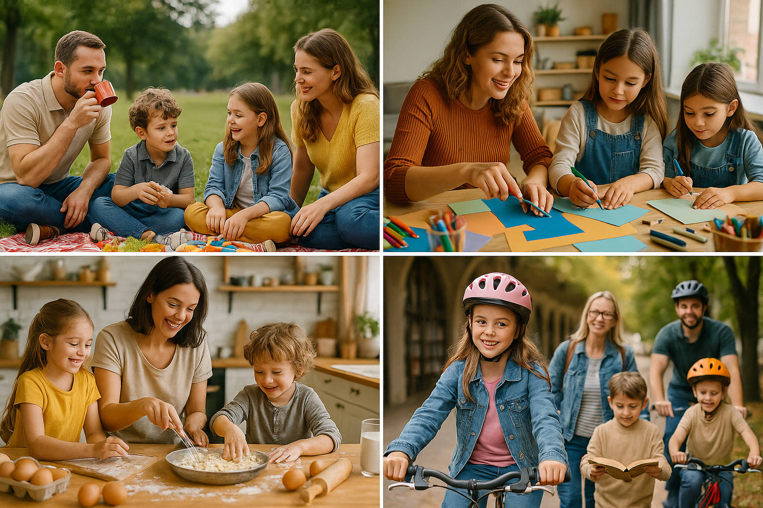 Collage of family activities including outdoor play, indoor crafting, cooking, and riding bikes.