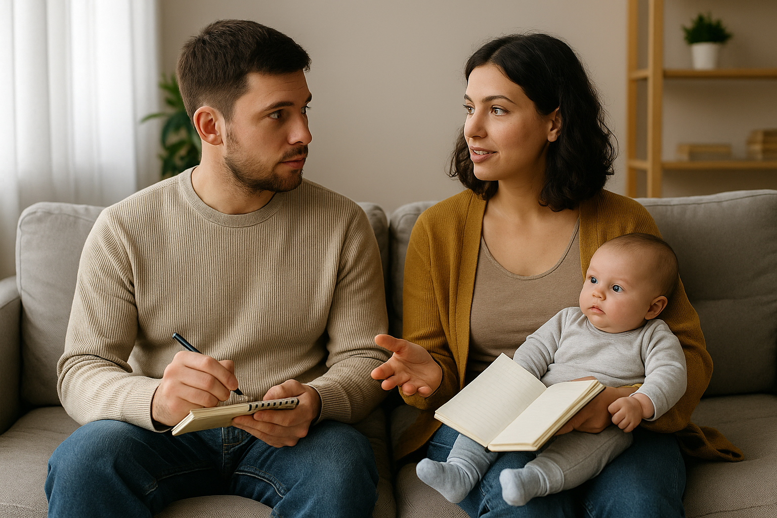 Young couple sitting on a sofa with their baby on one parent’s lap, both holding notebooks as they calmly discuss their weekly plans and coping strategies together.