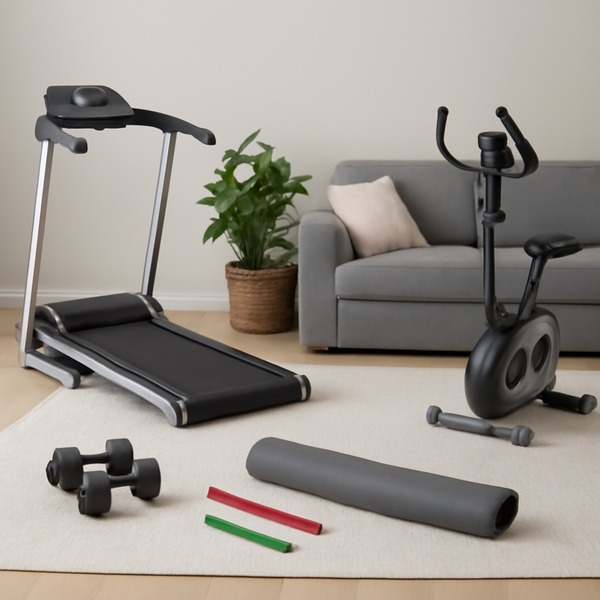 A compact home gym setup featuring a foldable treadmill, a stationary exercise bike, a yoga mat, adjustable dumbbells, and colorful resistance bands, all arranged on a soft rug in a bright, minimalistic living space with