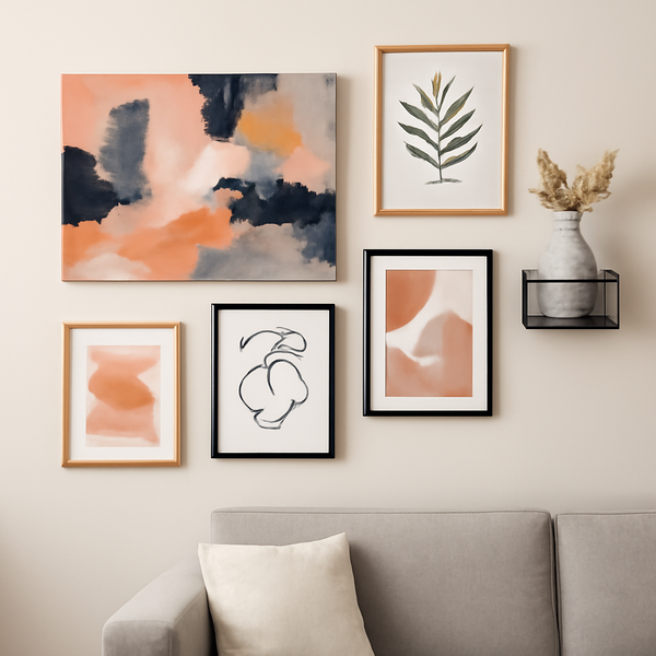 A sophisticated gallery wall above a light gray sofa featuring a mix of six framed artworks. The collection includes an abstract painting with vivid brushstrokes, a botanical print with a stylized fern, minimalist line art,