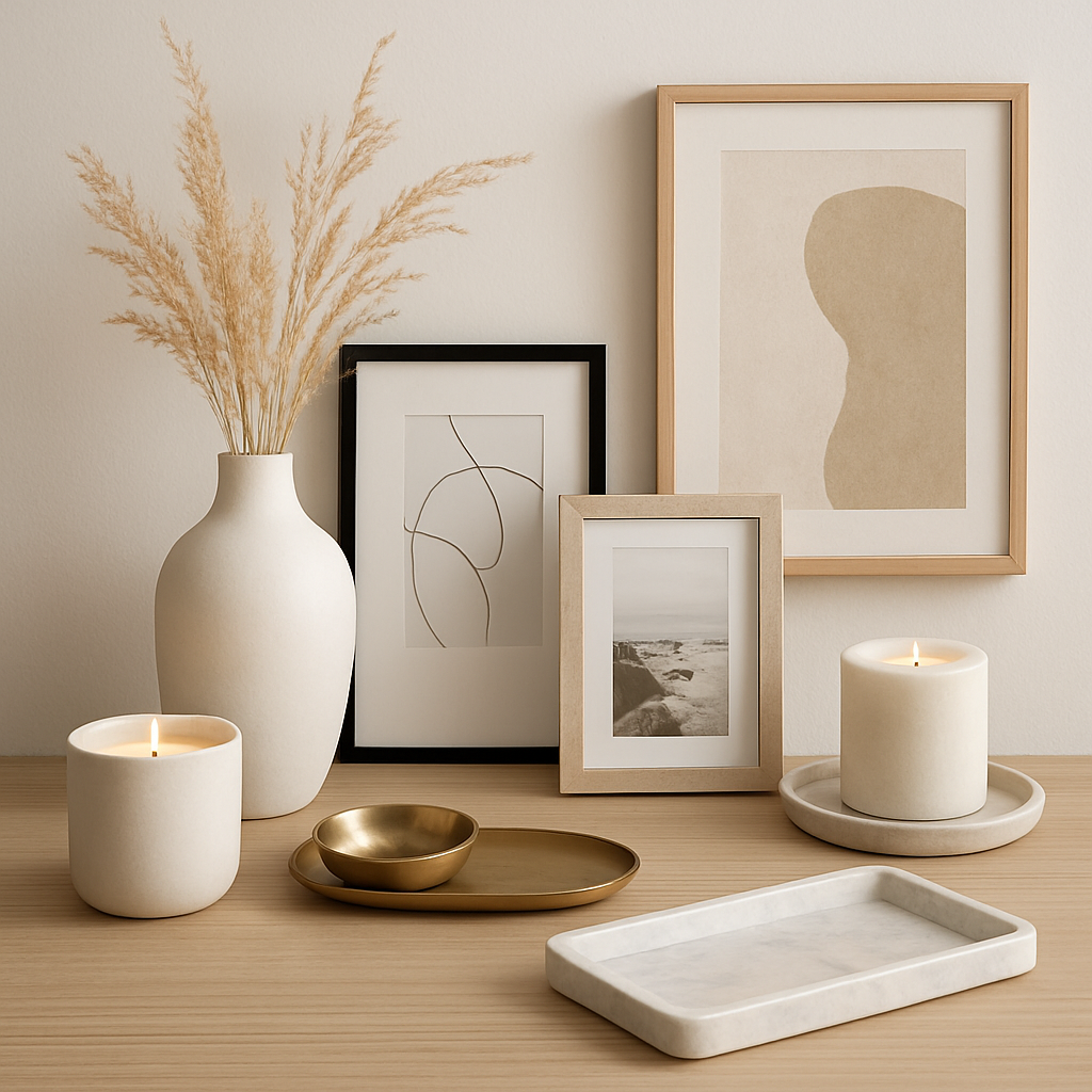A minimalist home décor setup featuring neutral-toned accessories, including a white ceramic vase with pampas grass, framed abstract art, gold trays, and lit candles arranged on a light wooden surface against a beige wall.