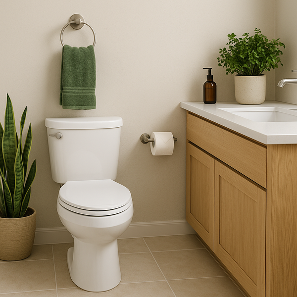 A modern eco-friendly bathroom with a white low-flow toilet, light wood vanity, chrome faucet, and potted green plants, featuring beige walls and tile flooring under soft natural lighting.