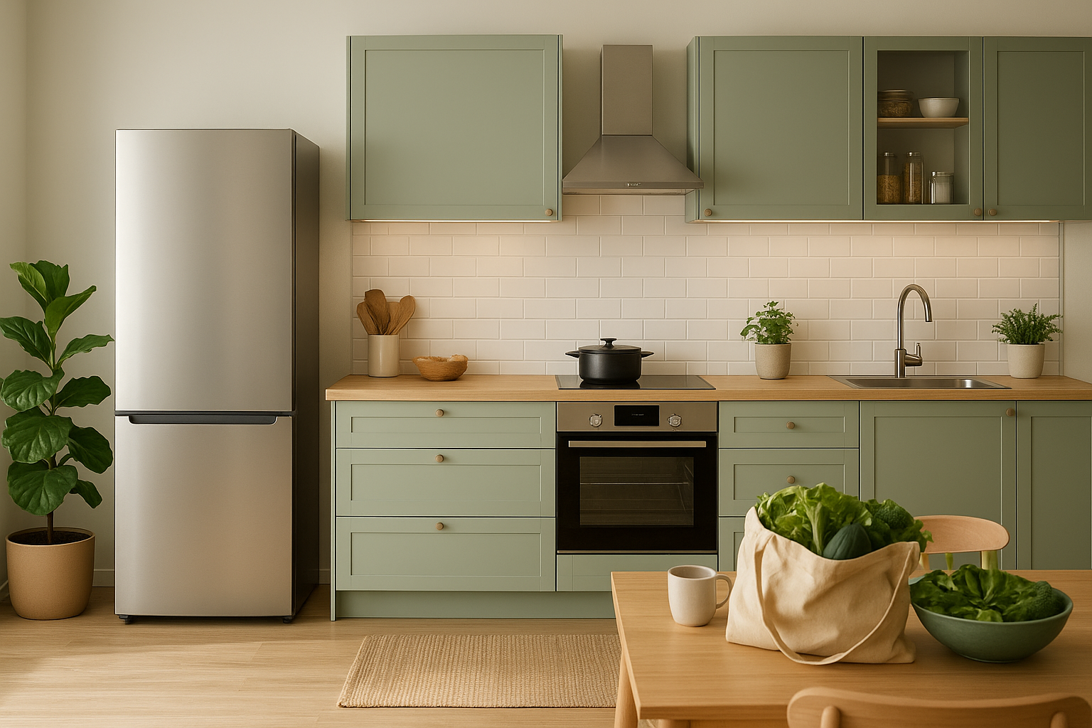 A bright modern kitchen featuring light green cabinets, wooden countertops, stainless steel appliances, and potted plants, with natural light highlighting eco-friendly design elements and fresh produce on the dining table.