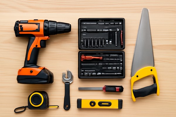 A variety of DIY tools neatly arranged on a light wood surface, including an orange-and-black cordless power drill, a black tool kit with various accessories, a yellow-handled handsaw, a retractable tape measure, an adjustable wrench