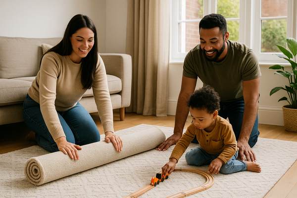 Smiling parents unroll a textured off-white rug while their toddler plays with a wooden train in a sunlit, cosy living room - showing how an affordable carpet instantly transforms the space.