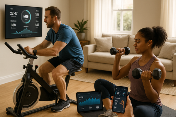 Man on a stationary bike and woman lifting dumbbells in a sunlit living room, both tracking workout metrics on a TV, tablet, and smartphone - illustrating fitness apps paired with home gym equipment.