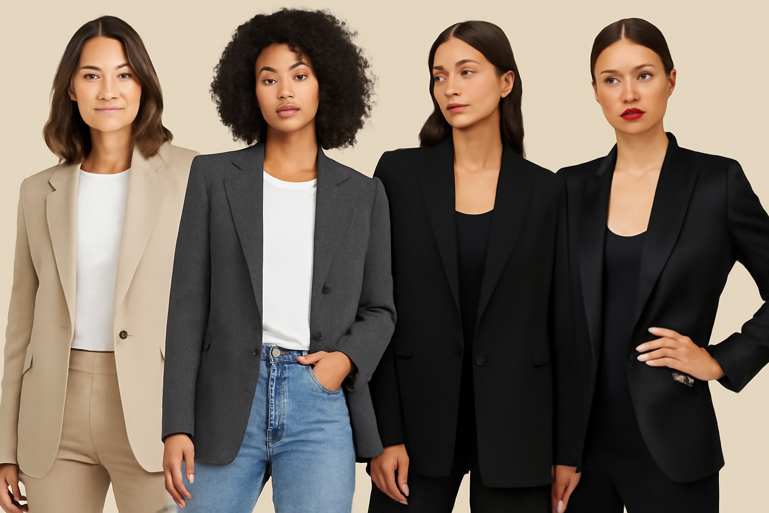 A digital collage featuring four women showcasing different blazer styles against a soft beige background. Each model is wearing a distinct blazer in varying cuts and colors, including a beige blazer