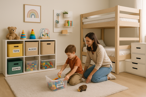 Mother and young son organize toys in a bright kids’ room using labeled cube bins, clear boxes, a pegboard shelf, and bunk-bed drawers - showcasing creative storage solutions for children’s spaces.