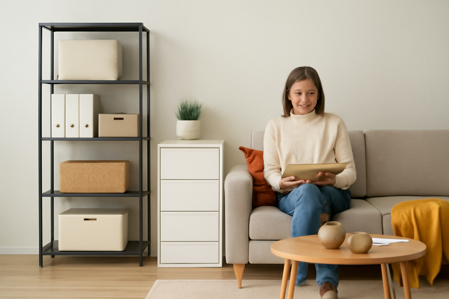 A young woman with shoulder-length light brown hair sits on a beige sofa, smiling as she holds an open book in her hands. The cozy living room features a minimalist design with a black metal shelving unit filled with storage bins and boxes