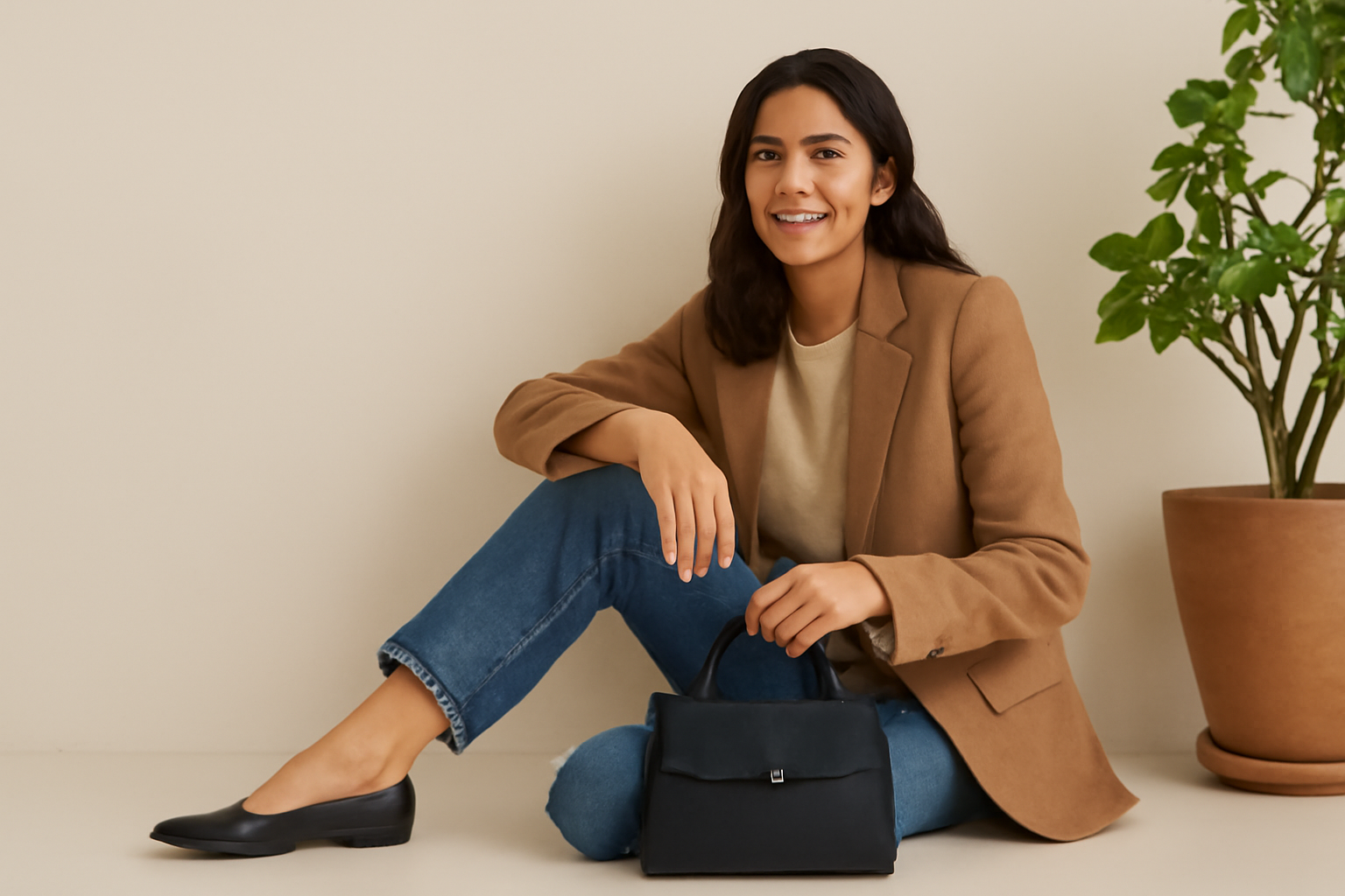 A young woman with medium skin and dark brown shoulder-length hair sitting against a light beige wall. She is wearing a camel-colored blazer, a cream sweater, straight-leg jeans, and black slingback heels.